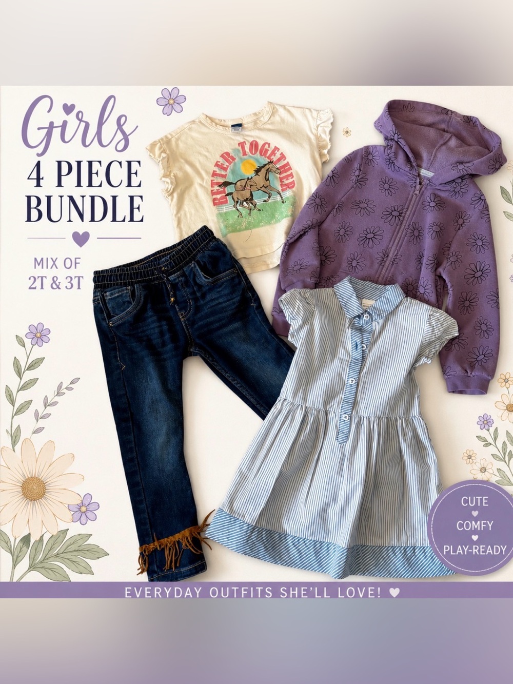 #10-Girls 4Pc Clothing Bundle - 2T & 3T ⭐️ Western Cowgirl Jeans Hoodie & Dress
